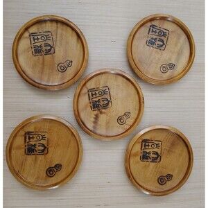 Japanese Wood Rice Plates Asian Burnt Carved Design 5 inch round Set of 5